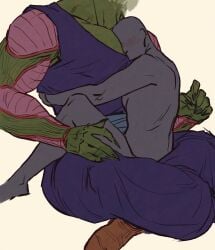 alien anon artist_request bara blush clothing dragon_ball dragon_ball_z fully_clothed green_body green_skin head_between_pecs hugging male male_only muscles muscular namekian no_visible_genitalia piccolo sitting sitting_on_lap size_difference