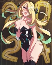 1girls 2024 2d 4_fingers artist_signature black_clothing black_legwear black_leotard blonde_hair blue_eyes curvy cynthia_(pokemon) exceedxatu eye_visible_through_hair eyelashes_visible_through_hair female female_only game_freak hair_over_one_eye hand_on_thigh latex latex_suit leotard light-skinned_female light_skin long_hair looking_at_viewer nintendo open_mouth pinup pokemon pokemon_champion pokemon_dppt sensual sexy slim_waist solo solo_female standing strapless strapless_leotard twitter twitter_link video_game video_game_character video_games