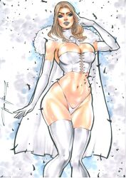 blonde_female blonde_hair blue_eyes breasts cape cleavage corset curvy curvy_female ed_benes_studio emma_frost female female_only hourglass_figure jeferson_lima large_breasts marvel marvel_comics micro_panties opera_gloves panties silver_lipstick thick_thighs thighhighs thin_waist white_queen wide_hips x-men