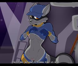 breasts clothed clothing clothing_lift female flashing hi_res looking_at_viewer mammal mask nude one_breast_out pants_down partially_clothed pussy raccoon redfoxsoul rule_63 shirt shirt_lift sly_cooper sly_cooper_(series) smooth_fur solo thief undressing uniform video_games