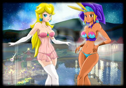 2girls crossover female female_only lingerie mario_(series) multiple_girls nintendo outdoors princess_peach shantae sky_(shantae) smooth_skin standing super_mario_galaxy underwear zelgi