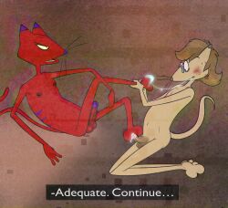 anthro blush bodily_fluids cartoon_network courage_the_cowardly_dog dialogue dominant dominant_male duo embarrassed erection feet felid foot_fetish foot_grab foot_lick foot_play footjob genital_fluids genitals hi_res illegaleel katz_(courage_the_cowardly_dog) licking male male/male mallorie_(illegaleel) mammal nipples penis penis_size_difference precum rgb_lighting saliva saliva_string sex static talking_to_another tongue unknown_species