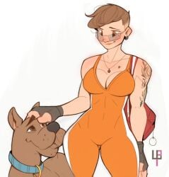 backpack brown_eyes brown_fur brown_hair canine collar curvy glasses muscular muscular_female orange_suit scooby-doo scooby-doo_(character) tattoos tomphelippe velma_dinkley