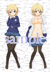 black_legwear blonde_hair blue_eyes bra bra_lift braid breasts cardigan dakimakura darjeeling emblem female girls_und_panzer hair_bun kaisen_chuui large_breasts looking_at_viewer lying necktie nipples on_back pantyhose pleated_skirt sample school_uniform skirt smile solo sweater text tied_hair uniform