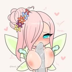 big_breasts big_penis blush chibi_style fairy gacha hearts_around_head lewd_haru_(artist) licking_penis licking_tip paizuri shy titjob wings