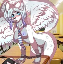 2016 anthro areola ass bent_over big_breasts black_nose blue_eyes blue_feathers blue_fur blue_hair blue_nipples blush book breasts canine chains classroom ear_piercing feathered_wings feathers female fur hair hi_res inside looking_at_viewer mammal necktie nipples nude pencil_(disambiguation) piercing pussy raised_tail school shackles sm0shy solo spots table white_feathers white_fur wings