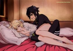 2boys bed black_hair gay hyakuya_michaela hyakuya_yuuichirou lying male_only multiple_boys open_clothes open_mouth owari_no_seraph socks uniform white_gloves wholesome yaoi