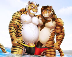 anthro asyr balls big_penis bulge clothing dream_and_nightmare duo feline male mammal night_(dream_and_nightmare) nipples overweight penis speedo swimsuit tiger water yaoi