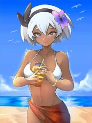 1girls bea_(pokemon) beach bikini blue_eyes bracelet breasts brown_skin clouds drink female grey_hair hair_flower hairband holding_drink looking_at_viewer medium_breasts midriff navel nintendo ocean outside pokemon pokemon_ss sarong short_hair sky solo swimsuit tommy_(kingdukeee) water white_bikini white_swimsuit