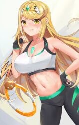 1girls black_leggings blonde_hair breasts core_crystal earrings fingerless_gloves gloves kiiro_kimi large_breasts leggings long_hair looking_at_viewer mythra nintendo ring_fit_adventure sports_bra sportswear sweat tiara white_sports_bra xenoblade_(series) xenoblade_chronicles_2 yellow_eyes