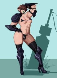 1boy abs ambush_(trap) armor axred7 ball biceps bikini bikini_bulge brown_hair bulge crossdressing_male elf fishnet_armwear girly green_eyes green_lipstick high_heels looking_at_viewer male_with_breasts muscular muscular_male pose thick_thighs thighhighs wide_hips