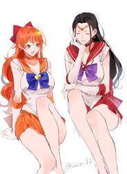 2girls bishoujo_senshi_sailor_moon black_hair bow breasts choker closed_eyes clothing cosplay crossover_cosplay earrings female female_only gloves hairbow joman large_breasts long_hair milf nami nico_robin one_piece orange_eyes orange_hair orange_skirt post-timeskip red_skirt sailor_collar sailor_mars sailor_mars_(cosplay) sailor_senshi_uniform sailor_venus sailor_venus_(cosplay) saram_80 shirt skirt tiara white_shirt