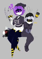 ... .... 3_fingers ?! beanie blush blush_lines blushing breasts chocker claws claws_out female jacket kayl male medium_breasts murder_drones n_(murder_drones) pants purple_eyes purple_hair robot severed_head short_hair spiked_choker suit tail thick_thighs thighhighs thighs uzi_(murder_drones) yellow_eyes zipper