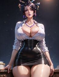 ai_generated big_breasts breasts cleavage final_fantasy final_fantasy_x fr34ky lulu_(final_fantasy) purple_lipstick red_eyes skirt thick_thighs wide_hips