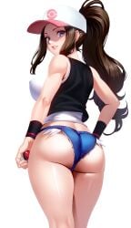 1girls ai_generated alternate_version_available ass blue_eyes breasts brown_hair denim denim_shorts female female_only hilda_(pokemon) large_breasts light-skinned_female light_skin looking_at_viewer looking_back nintendo pokemon short_shorts shorts solo thighs volyz white_background