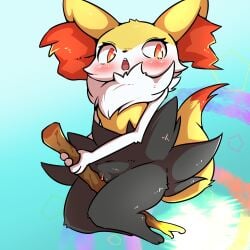 1:1 2023 absurd_res anthro biped black_body black_fur blush blush_lines braixen branch clitoris dipstick_tail eyelashes female fur generation_6_pokemon genitals hi_res inner_ear_fluff kemono low-angle_view markings minami_juuji multicolored_body nintendo open_mouth pink_pussy pokemon pokemon_(species) pokemorph pussy red_inner_ear_fluff solo tail tail_markings tuft white_body white_fur yellow_body yellow_fur