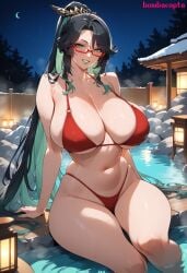 1girls ai_generated big_breasts bikini bombacopta breasts cleavage cleavage_overflow genshin_impact glasses green_eyes green_lipstick hair_ornament hot_spring huge_breasts mature_female midriff multicolored_hair onsen red_bikini sitting thick thick_thighs underboob xianyun_(genshin_impact)