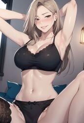 ai_generated alex-schura alex_schura armpits arms_behind_head bedroom blonde_hair bra breasts curvaceous curvy curvy_body curvy_female curvy_figure hi_res lamp lingerie manhwa mia_(secret_class) one_stocking panties pillow secret_class smile stable_diffusion window