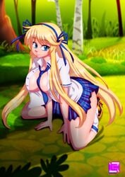 blisschild1 blonde_hair blue_eyes katsuragi_(senran_kagura) kneeling necktie_between_breasts no_bra open_clothes open_shirt schoolgirl_uniform senran_kagura shirt solo