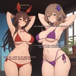 2girls ai_generated amber_(genshin_impact) asking_for_it big_breasts bikini bikini_bottom bikini_top blonde_hair blush breasts breasts brown_hair curvy english english_text genshin_impact girl green_eyes hair_flower hands_behind_head indoors lisa_(genshin_impact) long_hair looking_at_viewer navel open_eyes red_bikini red_bikini_bottom red_bikini_top smile stable_diffusion text thick_thighs thighs