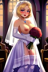 1girls ai_generated big_breasts blonde_hair blue_eyes bottomless breasts bride church corset elbow_gloves female female_only gloves jfxjxf lipstick looking_at_viewer makeup mostly_nude necklace nipples practically_nude pussy red_lipstick rose rose_(flower) short_hair solo standing stockings topless wedding wedding_dress wedding_lingerie wedding_veil white_gloves white_legwear