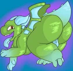 anthro ass backsack balls big_butt clash_royale dragon genitals green_body hi_res horn ivy_arts looking_at_viewer looking_back male mythological_creature mythological_scalie mythology nude open_mouth scalie simple_background smile solo supercell_(company) tail teeth thick_thighs tongue tongue_out wings