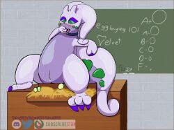 3_toes antennae_(anatomy) blush blush_lines chalk chalkboard clawed_fingers claws digital_media_(artwork) egg egg_laying feet finger_claws goodra green_eyes heart_symbol hi_res horn nest nintendo pokémon_(species) pokemon pokemon_(species) pokemon_egg purple_body slit_(disambiguation) snaggle_tooth tail teacher teaching toe_claws toes tongue tongue_out velvet706 velvet_the_gooey_dragon