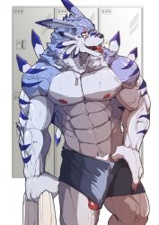 abs absurd_res anthro asiahao520 bandai_namco biceps blep bodily_fluids bulge canid canine digimon digimon_(species) ear_piercing fangs genital_fluids genitals hi_res leaking_precum male mammal muscular muscular_anthro muscular_male nipples pecs penis piercing precum scar solo teeth tongue tongue_out triceps vein veiny_muscles weregarurumon yellow_eyes