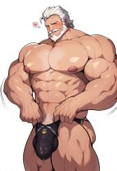 activision ai_generated balls_under_clothes bara beard big_bulge blizzard_entertainment blush bulge bulge_through_clothing cerberus049 daddy dilf hairy_chest jockstrap male male_nipples male_only male_pubic_hair mature_male muscular_male nipples overwatch overwatch_2 penis penis_under_clothes reinhardt scar underwear white_beard white_hair