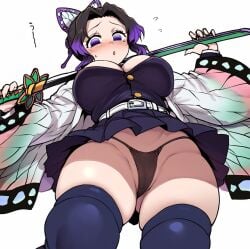 1girls ai_generated akan441 big_breasts black_hair blush butterfly_hair_ornament demon_slayer female female_only huge_breasts kimetsu_no_yaiba kochou_shinobu large_breasts light-skinned_female light_skin looking_down miniskirt multicolored_hair panties purple_eyes solo sword thick_thighs thighs thighs_bigger_than_head upskirt