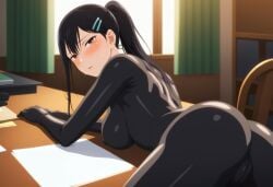 1female 1girls ai_generated black_hair black_hair_female bodysuit breasts commentary_request curtains english_commentary female female_only hairclip hi_res highres indoors kaiju_no.8 light-skinned_female light_skin long_hair long_hair_female looking_at_viewer mina_ashiro mole mole_under_eye ponytail pussy pussy_visible_through_bodysuit room solo solo_female very_high_resolution visible_pussy window