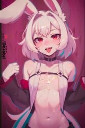 1boy abstract_background ai_generated bunny bunny_ears collar cum cum_on_breasts cute darabri femboy feminine_male gay girly logo otoko_no_ko patreon patreon_logo red_eyes solo tnogue tongue_out trap white_hair white_skin yaoi