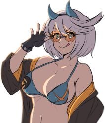 1girl adjusting_eyewear ahoge alternate_hair_color backlighting bare_shoulders bikini bikini_top_only black_gloves black_jacket blue_bikini blue_eyes blue_horns breasts cleavage closed_mouth collarbone cosplay demon_horns elphelt_valentine english_commentary fake_horns fingerless_gloves glasses gloves green_eyes grey_hair guilty_gear guilty_gear_strive guilty_gear_xrd hair_between_eyes hairband happy_chaos happy_chaos_(cosplay) horns huge_ahoge jacket jetber large_breasts licking_lips navel off_shoulder open_clothes open_jacket orange-tinted_eyewear print_bikini rimless_eyewear safety_glasses shaded_face short_hair solo stomach studded_bracelet sunglasses sunlight swimsuit tagme tinted_eyewear tongue tongue_out underboob upper_body v-shaped_eyebrows white_background white_hair x-shaped_eyewear