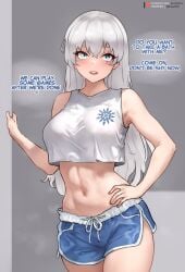 1girls bluefield breasts female female_focus female_only gray_hair grey_hair light-skinned_female light_skin long_hair looking_at_viewer midriff midriff_baring_shirt rwby shorts solo solo_female solo_focus sportswear talking_to_viewer tummy weiss_schnee