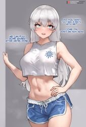 1girls bluefield breasts dolphin_shorts female female_focus female_only gray_hair grey_hair light-skinned_female light_skin long_hair looking_at_viewer midriff midriff_baring_shirt rwby shorts solo solo_female solo_focus sportswear talking_to_viewer tummy weiss_schnee