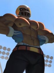 abs bara belt brawl_stars el_primo_(brawl_stars) el_quarterback_(brawl_stars) football_helmet football_player gay gloves helmet jeans male_only mannfikker26 muscular_male nipples pecs pectorals shirtless sky sports topless underwear