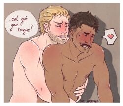 2boys abs anal anal_sex artist_name artist_signature bara beard_stubble beauty_mark biceps biting_lip biting_own_lip black_hair blonde_hair blush closed_eyes cullen_rutherford dark-skinned_male dark_hair dark_skin die_haselmaus dorian_pavus dragon_age dragon_age_inquisition duo facial_hair freckles gay gay_anal gay_male gay_sex heart hearts_around_head holding_partner human implied_anal implied_sex light-skinned_male light_skin looking_at_partner looking_pleasured mage male male/male male_only male_penetrated male_penetrating male_penetrating_male mole moustache muscles muscular muscular_male nipples no_visible_genitalia open_mouth pecs penetration penile_penetration penis_in_ass scar sex shirtless shirtless_male smile smiling speech speech_bubble straight_male stubble text text_bubble video_games yaoi