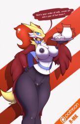 2016 anthro areola big_breasts blush bow breasts canine chest_tuft clitoris clothed clothing delphox delphox_waitress english_text female female_focus female_only food fox hand_on_hip inner_ear_fluff lips looking_at_viewer mammal milk navel nintendo nipples nude original original_character partially_clothed pokémon_(species) pokemon pussy r-mk smile solo text thick_thighs thighs tuft video_games voluptuous waiter