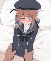 1boy 1girls ame_(amechan17391739) blue_sailor_collar blunt_bangs blush bottomless breath brown_eyes dress female female_penetrated girl hat heavy_breathing kantai_collection lying male male/female missionary on_back on_bed red_hair sailor_collar sailor_dress sailor_hat sex short_hair simple_background steam steaming_body straight sweat z3_max_schultz_(kantai_collection)