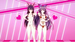 2girls angelxd belly belly_button breasts cake date_a_live food_on_body half_naked light-skinned_female lingerie long_hair multiple_girls purple_eyes purple_hair thighs yatogami_tohka