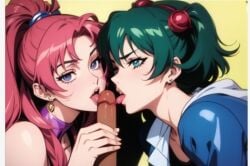 1boy 2girls ai_generated blowjob cock collaborative_fellatio double_blowjob double_fellatio fellatio females green_hair hand_on_penis licking_penis long_penis multiple_girls penis penis_lick pink_hair teamwork two_girls