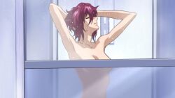 anime anime_screencap armpits arms_behind_head bare_arms bare_belly bare_shoulders breasts closed_eyes gundam_seed gundam_seed_destiny lunamaria_hawke mouth_closed naked official_art red_hair short_hair shower showering wet_body wet_hair