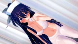 angelxd bed belly belly_button bra breasts cleavage condom_in_mouth date_a_live light-skinned_female long_hair nurse nurse_hat pantyhose purple_eyes purple_hair solo solo_female underwear yatogami_tohka