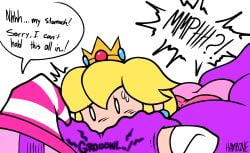 2d 2d_(artwork) 2girls about_to_fart artist_signature ass breasts face_on_ass female female_only gassy gassy_female ghost ghost_girl hamb0ne laying_on_stomach mario_(series) paper_mario paper_mario:_the_thousand-year_door paper_peach princess_peach purple_skin stomach_noises sweat sweatdrop text trapped vivian_(paper_mario) white_background