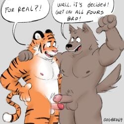 anthro blush canid canine canis comparing comparing_penis dogbro69 duo felid hi_res male male/male mammal pantherine tiger