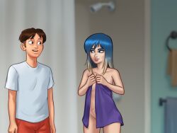 1boy 1girls 2d 2d_(artwork) areolae bathroom blue_hair breasts brown_hair clothed clothing completely_nude completely_nude_female darkcookie digital_drawing_(artwork) digital_media_(artwork) drying drying_body duo eve_(summertime_saga) female holding_towel light-skinned_female light-skinned_male light_skin looking_at_another looking_at_partner main_character_(summertime_saga) male male/female medium_breasts nipples nude nude_female pale-skinned_female pale_skin petite petite_body pussy pussy_lips scar shower shower_head small_breasts smile smiling standing summertime_saga teenage_girl teenager towel two_tone_hair vagina