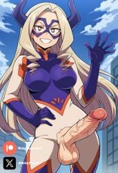 big_breasts big_penis blonde_female blonde_hair boku_no_hero_academia cock colored dick fluids futanari futanari futanari/female greeting horns my_hero_academia penis pink_eyes sexy sexy_body sexy_pose testicles white_body white_girl white_skin