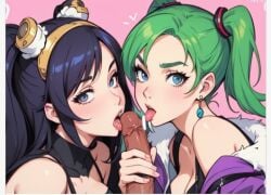 2girls ai_generated blowjob blue_eyes clothed collaborative_fellatio cooperative_fellatio dark_hair double_blowjob double_fellatio females green_hair green_hair_female hand_on_penis licking_penis long_penis looking_at_viewer penis penis_lick penis_out threesome two_girls