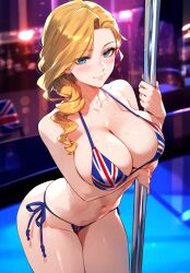 1girls ai_generated ass azur_lane big_breasts bikini blonde_hair blue_eyes blush eyebrows_visible_through_hair hood_(azur_lane) leaning_forward pale-skinned_female pale_skin side_ponytail solo solo_female solo_focus stripper stripper_pole suggestive_pose sweat thick_thighs truck_kun union_jack union_jack_bikini wide_hips