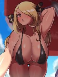 1girls absurdres all_fours alternate_breast_size alternate_costume areola_slip arm_up armpits beach_umbrella bikini black_bikini black_eyes blonde_hair blue_sky blush breasts cleavage cloud cloudy_sky commentary cowboy_shot cynthia_(pokemon) day from_below hair_ornament hair_over_one_eye hanging_breasts highres large_areolae large_breasts lens_flare long_hair looking_at_viewer mugiotoko open_mouth outdoors paid_reward_available painting_fish parted_lips pokemon pokemon_dppt puckered_lips shade sky solo string_bikini sweatdrop swimsuit thigh_gap thighs umbrella